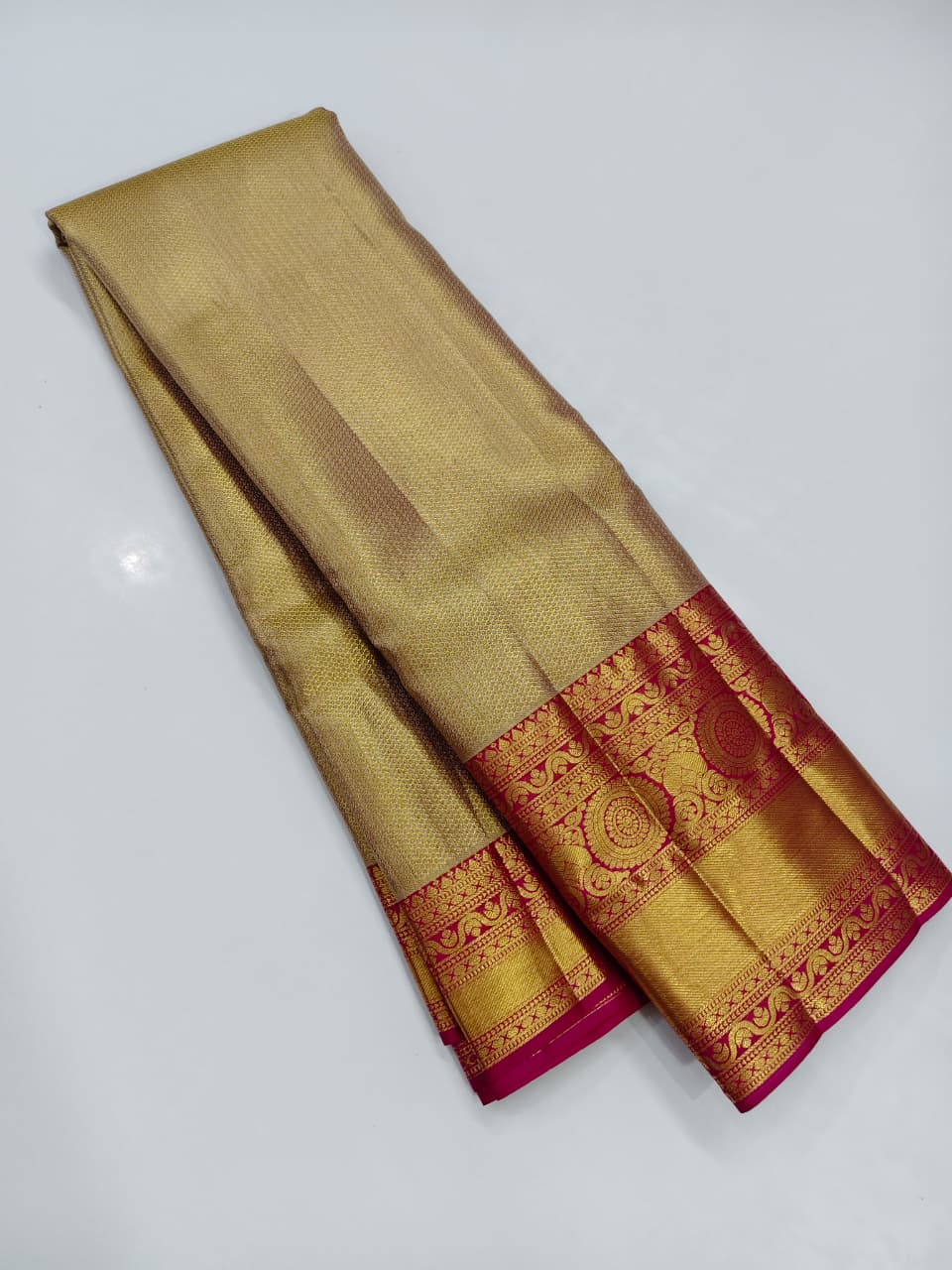 Pale Gold with Magenta Pink Kanchipuram Pure Silk Long Bordered Full Tissue Bridal Designed Saree